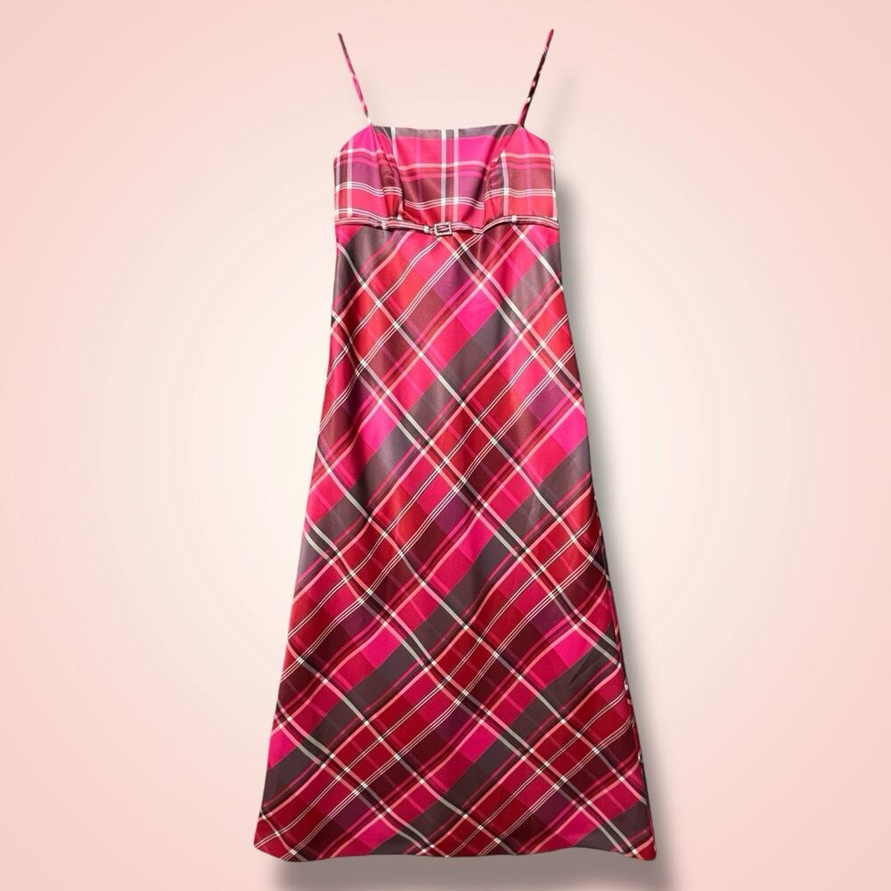 Y2K Pink Plaid Maxi Dress 8 Babydoll A-Line Academia Grunge Coquette Preppy Prom